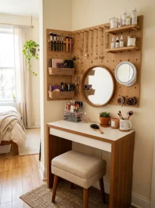 Small vanity with wall organizer for storage