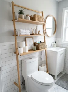 Vertical storage solution in tiny bathroom