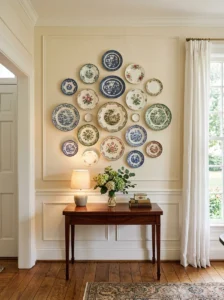 Vintage plates arranged on wall