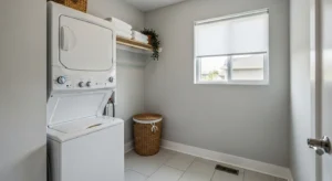 Stacked washer and dryer saving space in a small laundry room