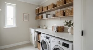 Laundry room with baskets for storage organization