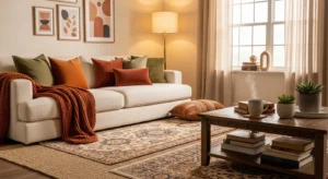 Layered rugs adding depth to living room