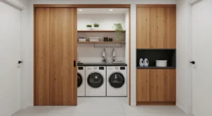 Sliding door saving space in a narrow laundry room