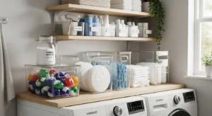 Clear containers organizing laundry supplies neatly