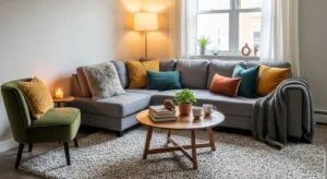 Area rug defining small apartment space