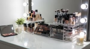 Makeup vanity organized with clear storage containers