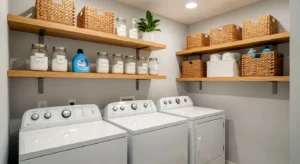 Floating shelves providing storage in a narrow laundry room