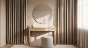 Soft neutral vanity room with calming tones and minimal styling