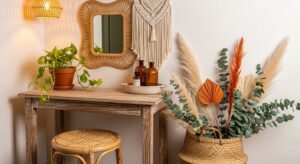 Boho vanity setup with natural textures and plants