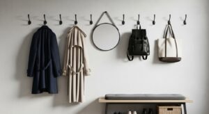 Wall hooks in mudroom for organizing coats and bags