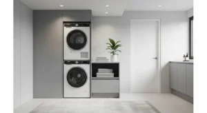 Stackable washer and dryer saving space in laundry room