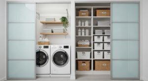 Compact laundry closet with organized storage and clean look