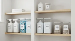 Labeled containers creating an organized laundry system