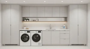 Laundry room with hidden cabinet storage for clean look