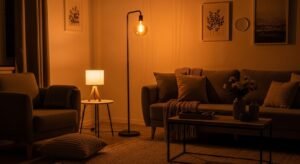 Layered lighting setup with warm tones in a cozy living room