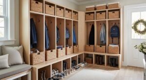 Open cubbies in mudroom for shoes and storage