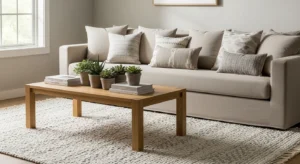 Layered neutral living room with cozy textures