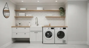 Subway tile backsplash in modern laundry room