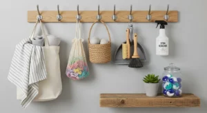 Wall hooks adding storage in laundry room