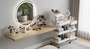 Vanity with rolling storage cart for extra organization