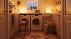 Cozy laundry room with warm lighting and soft decor touches