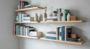 Floating shelves providing storage in small apartment