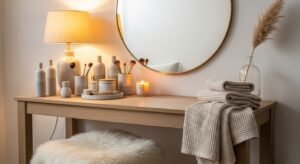 Cozy vanity setup with warm ambient lighting