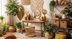 Boho vanity room with natural textures and cozy decor