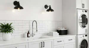 Laundry room with matte black fixtures for modern contrast