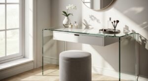 Glass vanity creating an airy and open space