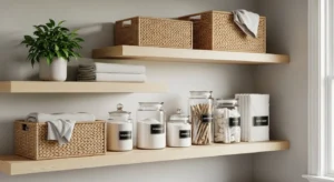 Floating shelves adding storage to laundry space