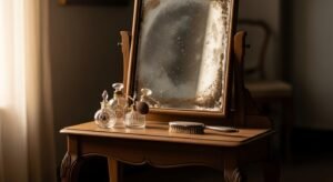 Vanity mirror with aged patina for vintage charm