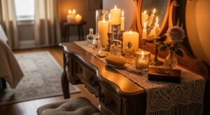 Vintage vanity with candlelight creating warm ambience