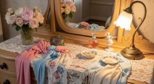 Vanity table with lace accents and soft vintage look