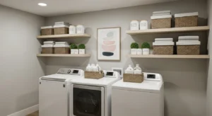 Floating shelves above machines for extra storage