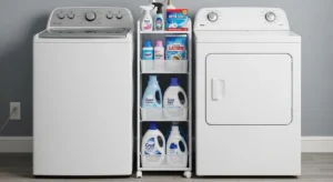 Narrow rolling cart for storage between laundry machines