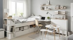 Small space interior with smart multi-functional furniture