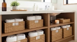 Vanity with open shelving and natural organization