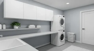 Laundry room with light grey modern color palette