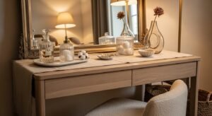 Vanity with layered textures for depth and warmth