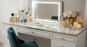 Glam vanity setup with gold details and elegant styling