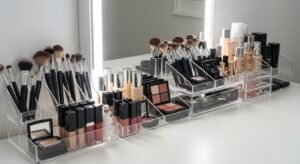 Makeup vanity with clear acrylic organizers