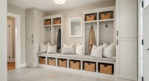 Mudroom bench with hidden storage and cozy cushions