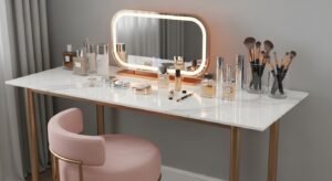 Glam vanity setup with mirror lights and elegant styling