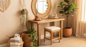 Boho vanity setup with layered natural textures