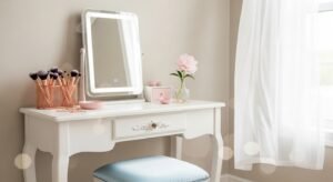 Vanity styled with soft pastel accents