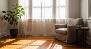 Curtains softening natural light in a cozy room