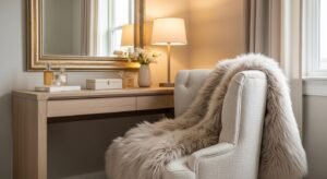 Vanity setup with comfortable chair for cozy feel