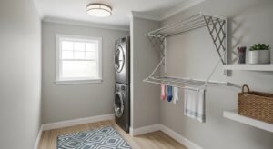Laundry room with clear containers for detergent storage