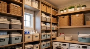 Laundry storage baskets organized